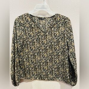 SHEIN Black Floral V-Neck Long Sleeve Blouse with Beige & White Flowers